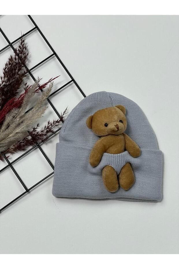 Unisex Bebek Gri Ayıcıklı Triko Bere - 1