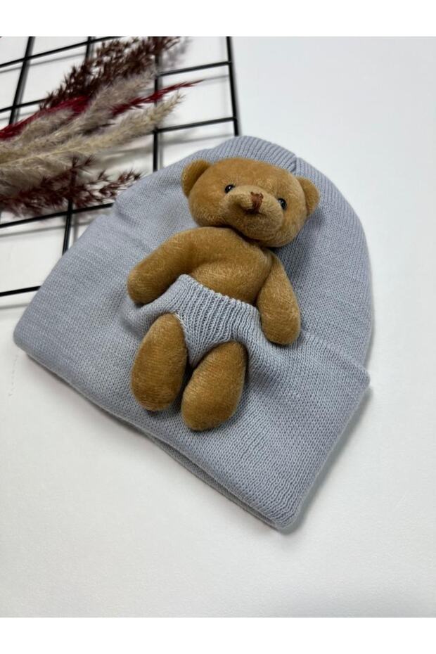 Unisex Bebek Gri Ayıcıklı Triko Bere - 2