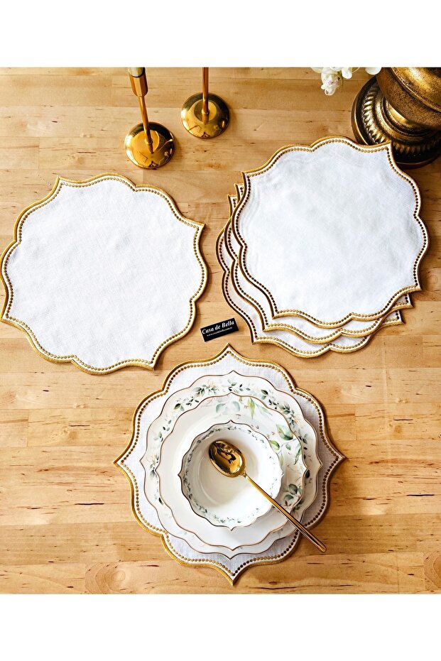 6 Pieces Embroidered Linen Charger with Gold Detail American Service