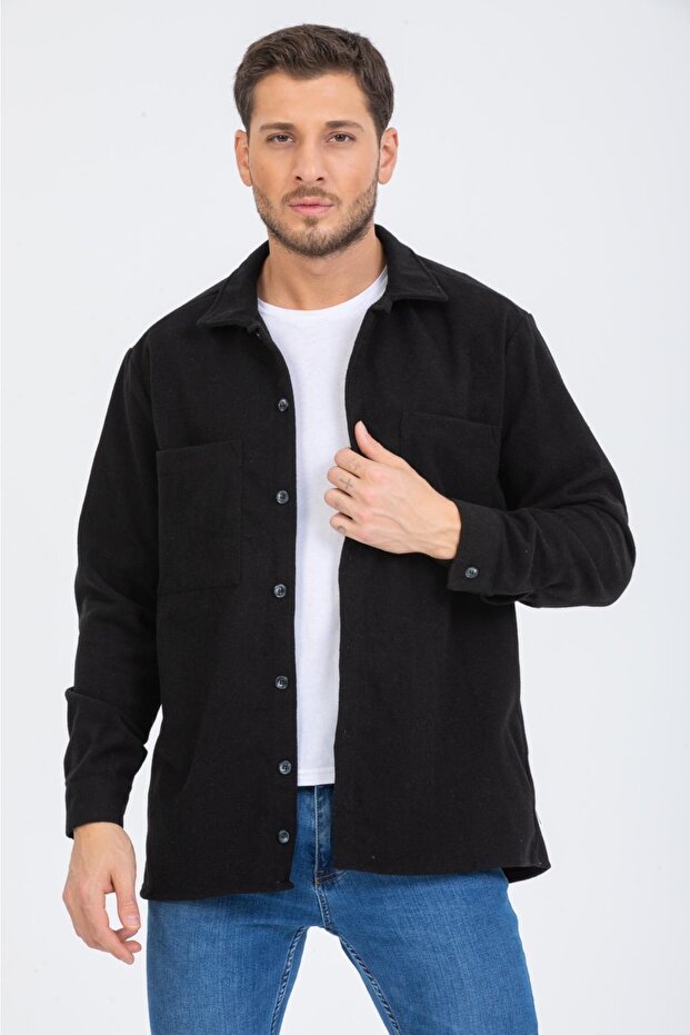 Regular Fit Erkek Çift Cepli Siyah Kaşe Oduncu Gömlek - 1