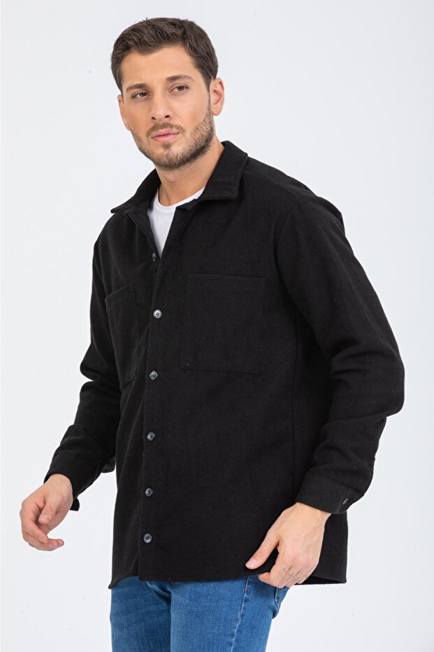 Regular Fit Erkek Çift Cepli Siyah Kaşe Oduncu Gömlek - 6