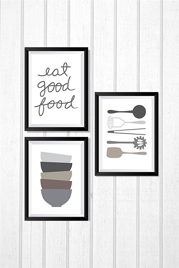 3 Piece Wooden Frame Look Eat Good Food Wall Decor - Painting Set for Kitchen Concept