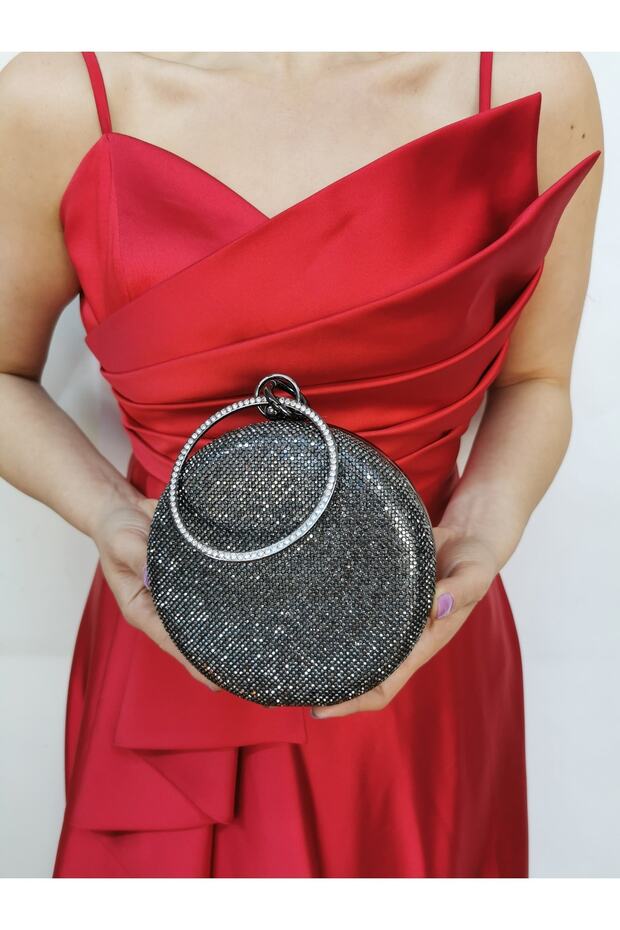 Women's Round Platinum Smoked Stone Bracelet Accessory Evening Dress Clutch Portfolio Bag