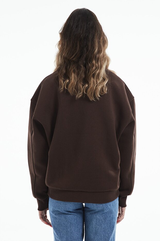 Eazy Basic Oversize Unisex Koyu Kahve Bisiklet Yaka Kalın Sweatshirt - 2