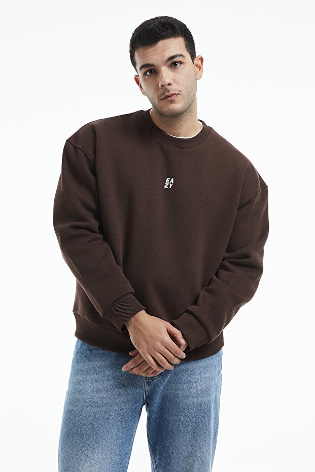 Eazy Basic Oversize Unisex Koyu Kahve Bisiklet Yaka Kalın Sweatshirt - 4