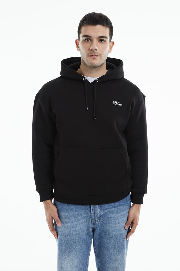 Eazy Basic Oversize Unisex Premium Siyah Kapüşonlu Kalın Hoodie - 2