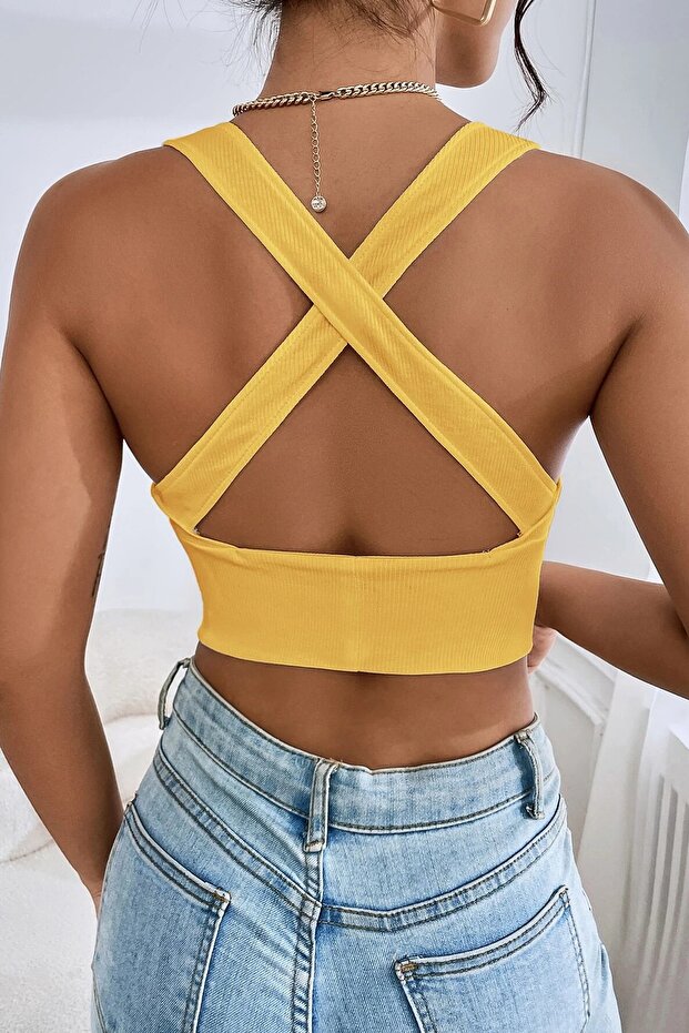 Kadın Sarı Çapraz Sırt Detaylı Şık Crop Top Bluz - 3