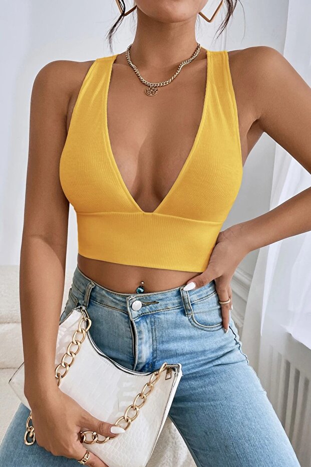 Kadın Sarı Çapraz Sırt Detaylı Şık Crop Top Bluz - 5