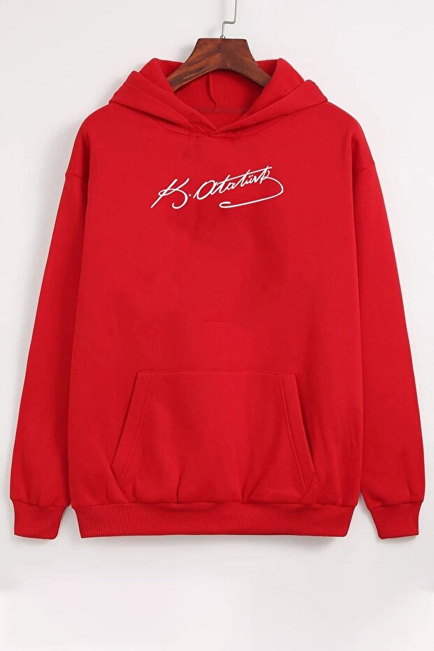 Red K.atatürk Signature Printed Hooded Sweatshirt