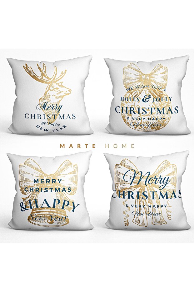 New Year & Christmas Double Sided Pattern Printed Decorative Throw Pillow Cover Set of 4