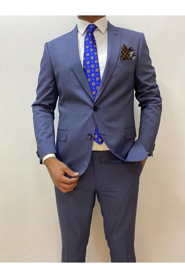 Interview Mavi Desenli Tek Yırtmac Slim Fit Takım Elbise - 3