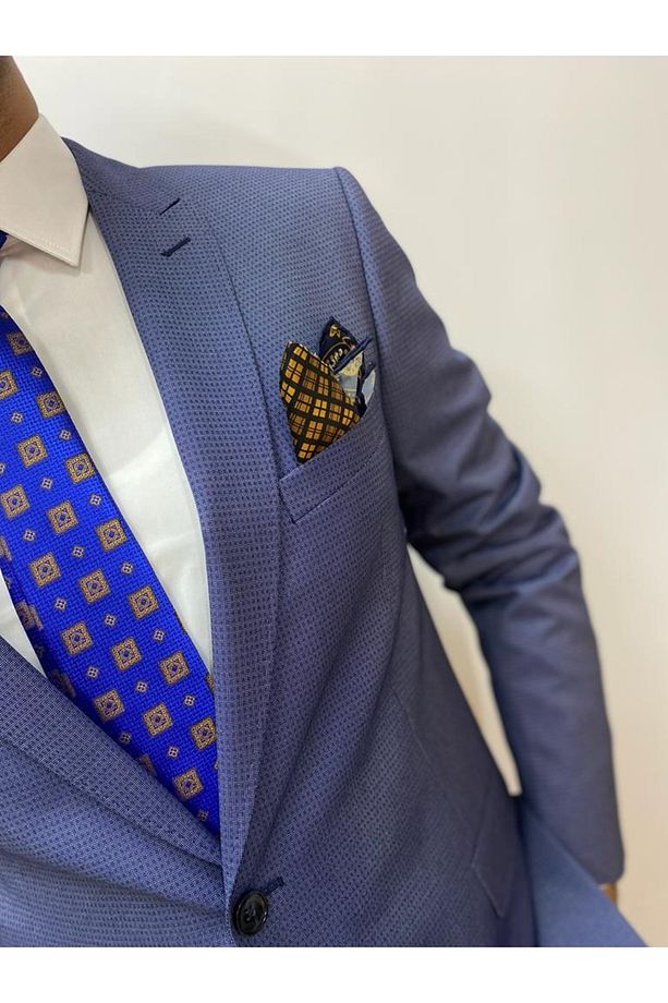 Interview Mavi Desenli Tek Yırtmac Slim Fit Takım Elbise - 4
