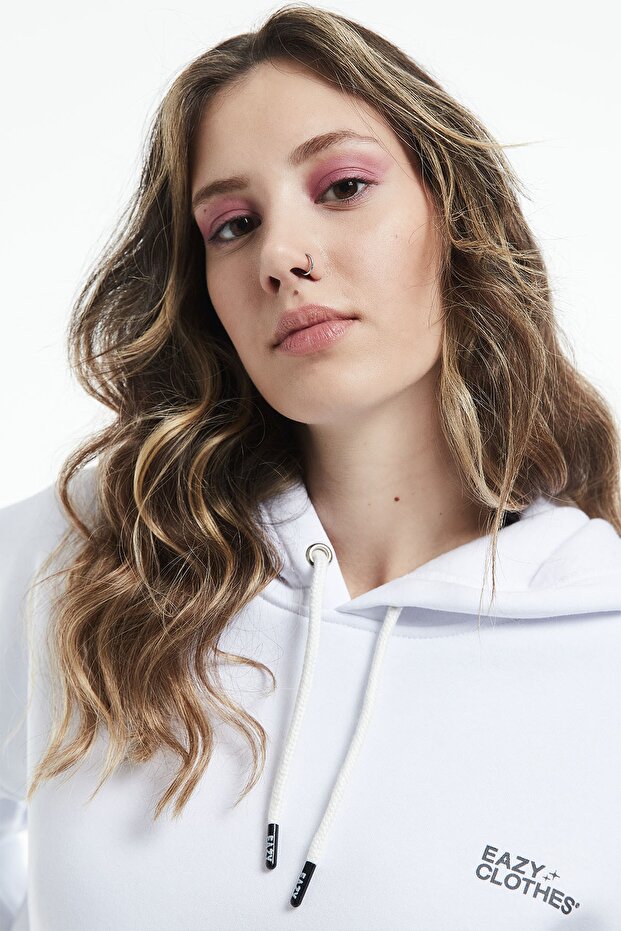 Eazy Basic Oversize Unisex Premium Beyaz Kapüşonlu Kalın Hoodie - 4
