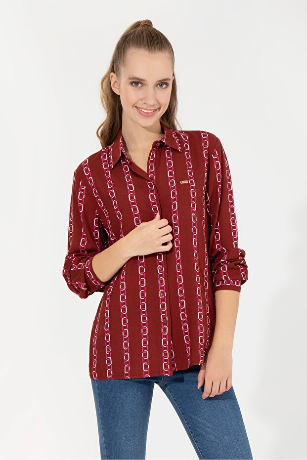 Shirt Collar Patterned Red Women's Shirt Sativus