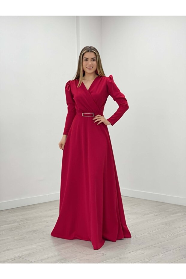 Crepe Fabric Double Breasted Collar Kiloş Dress Red