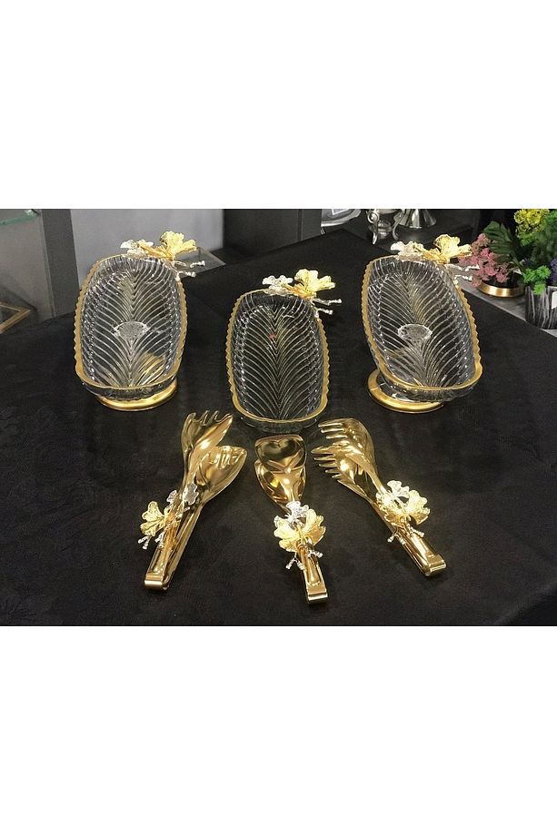 Avangard Gold Çift Kelebekli Gold Yaldızlı 3 Adet Sunumluk Ve 3'lü Servis Setinden Muhteşem Set - 1