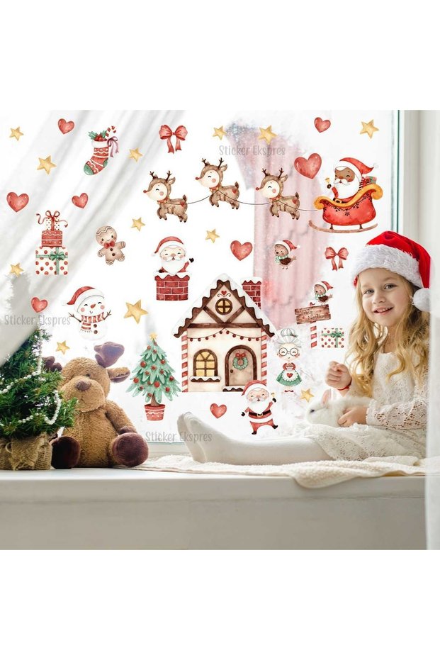 Christmas Cute House Santa Claus Snowman And Winter Figures New Year Glass Wall Door Sticker Set