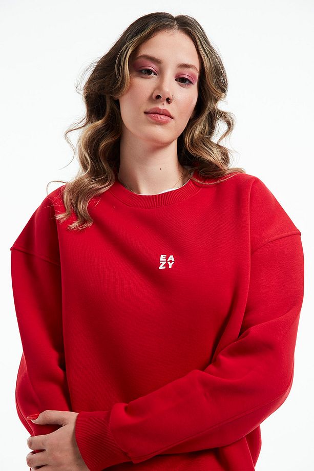 Eazy Basic Oversize Unisex Kırmızı Bisiklet Yaka Kalın Sweatshirt - 3