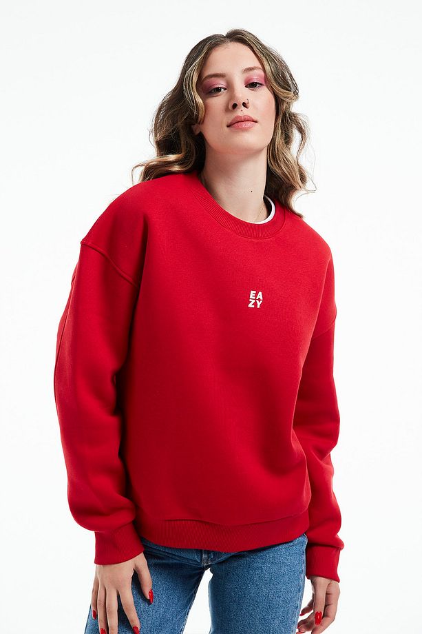 Eazy Basic Oversize Unisex Kırmızı Bisiklet Yaka Kalın Sweatshirt - 4