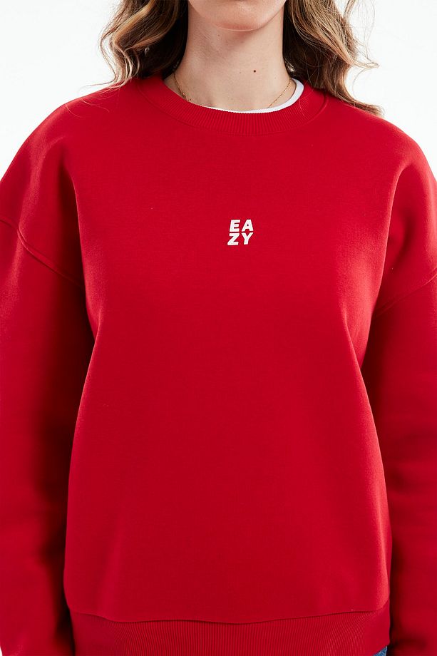 Eazy Basic Oversize Unisex Kırmızı Bisiklet Yaka Kalın Sweatshirt - 5