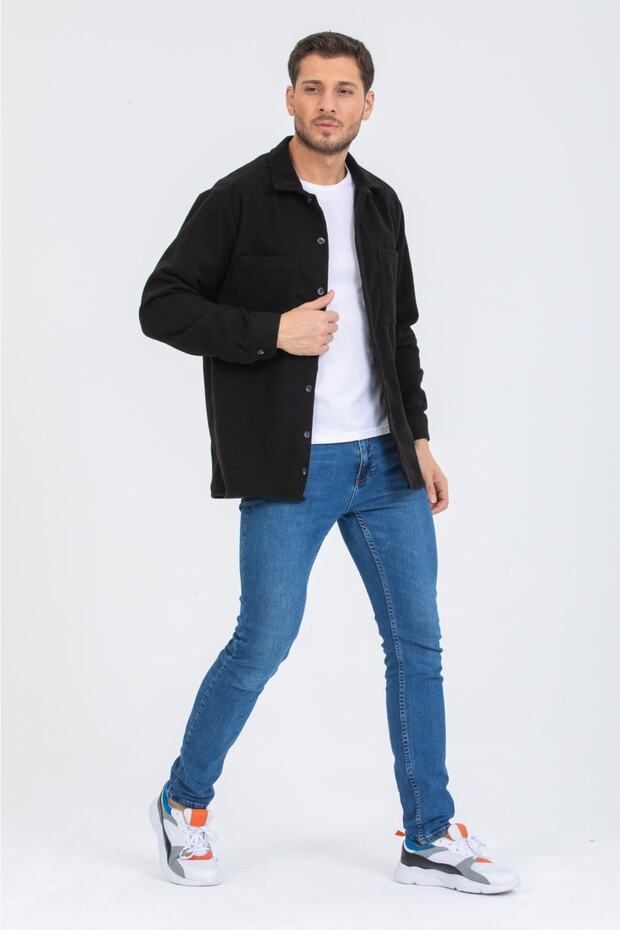 Regular Fit Erkek Çift Cepli Siyah Kaşe Oduncu Gömlek - 3
