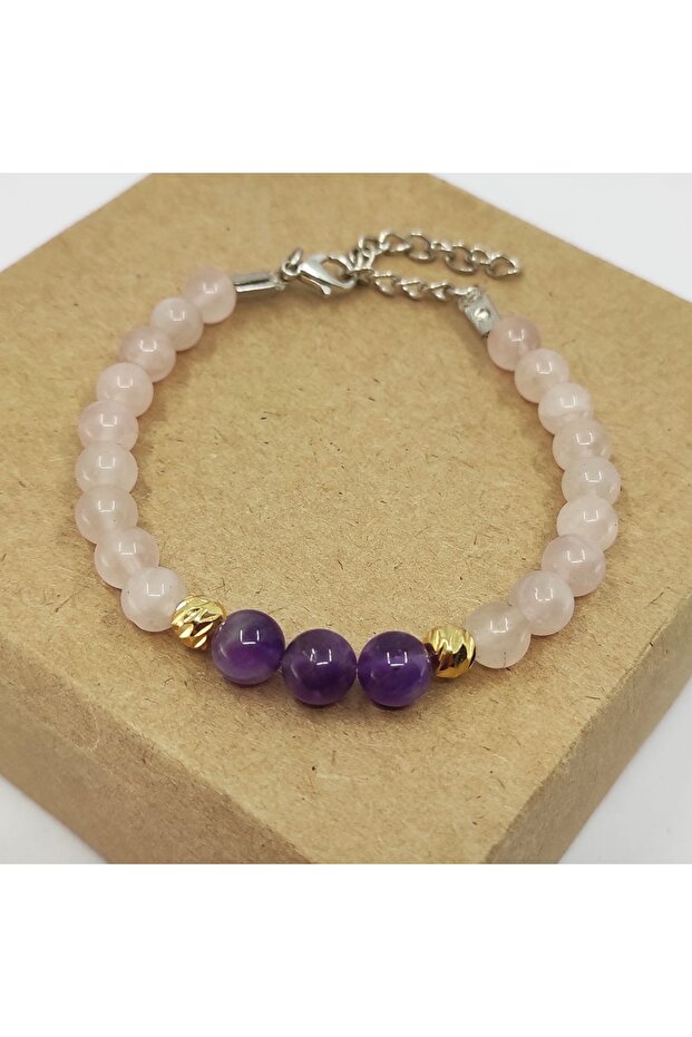 Amethyst And Pink Quartz Stone Sphere Cut Natural Stone Bracelet
