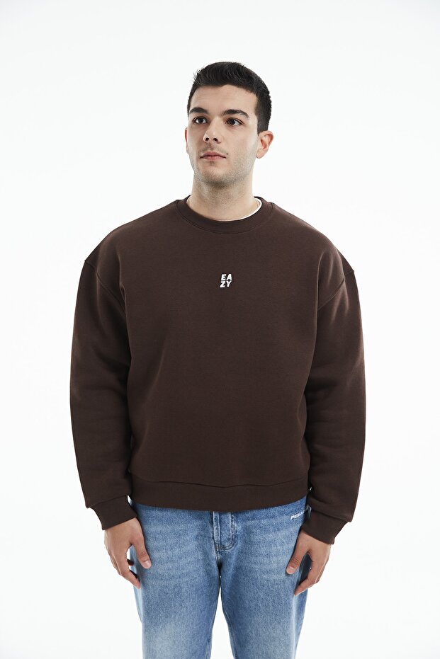 Eazy Basic Oversize Unisex Koyu Kahve Bisiklet Yaka Kalın Sweatshirt - 5