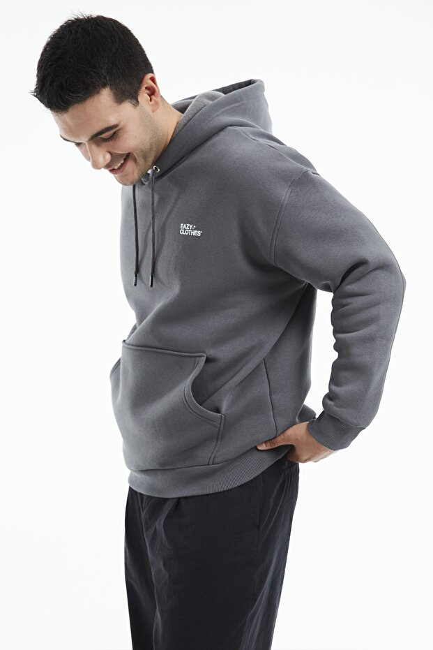 Eazy Basic Oversize Unisex Premium Gri Kapüşonlu Kalın Hoodie - 3