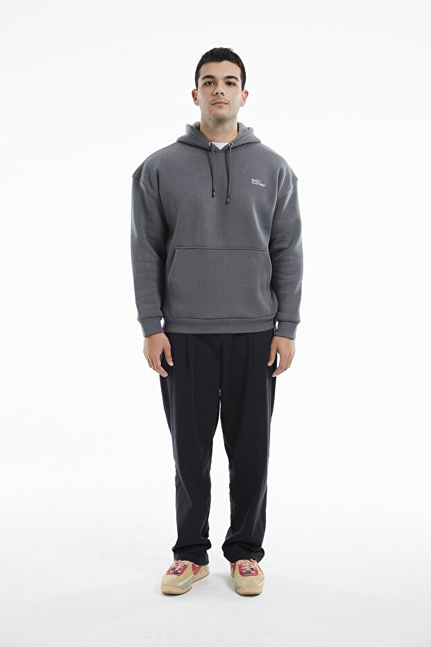 Eazy Basic Oversize Unisex Premium Gri Kapüşonlu Kalın Hoodie - 4