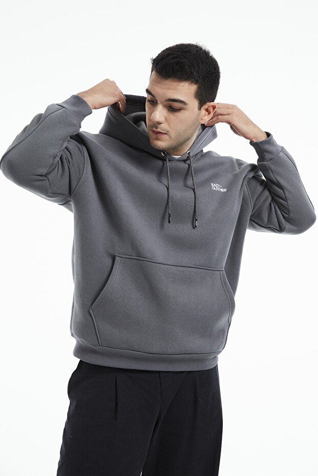Eazy Basic Oversize Unisex Premium Gri Kapüşonlu Kalın Hoodie - 5