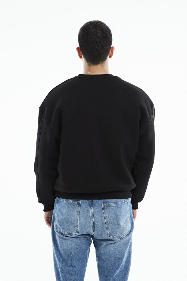 Eazy Hug Yourself Oversize Unisex Siyah Bisiklet Yaka Kalın Sweatshirt - 3