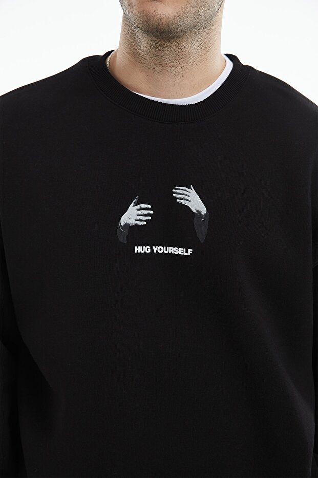 Eazy Hug Yourself Oversize Unisex Siyah Bisiklet Yaka Kalın Sweatshirt - 4