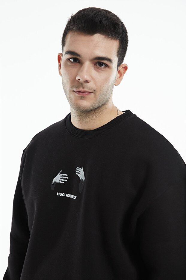 Eazy Hug Yourself Oversize Unisex Siyah Bisiklet Yaka Kalın Sweatshirt - 5