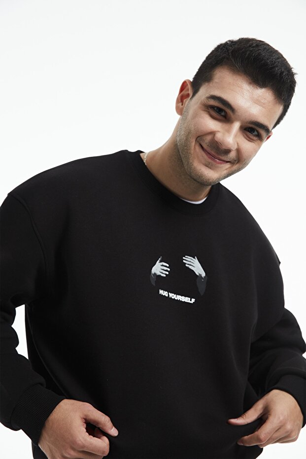 Eazy Hug Yourself Oversize Unisex Siyah Bisiklet Yaka Kalın Sweatshirt - 6