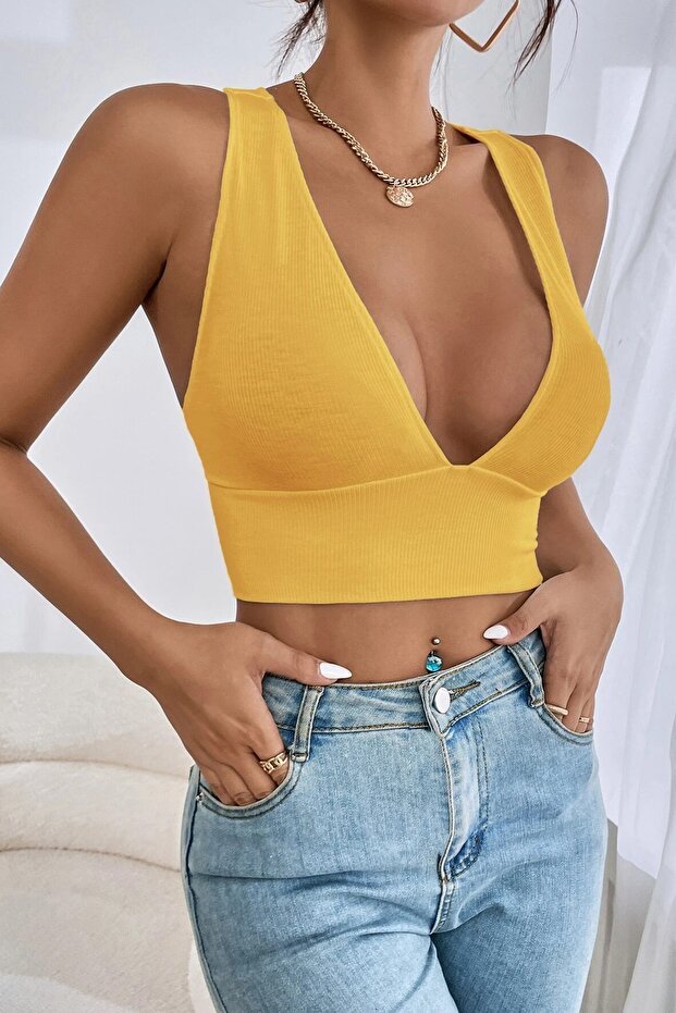 Kadın Sarı Çapraz Sırt Detaylı Şık Crop Top Bluz - 2