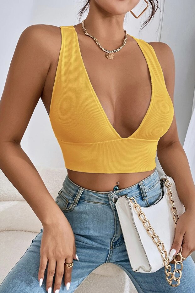 Kadın Sarı Çapraz Sırt Detaylı Şık Crop Top Bluz - 4