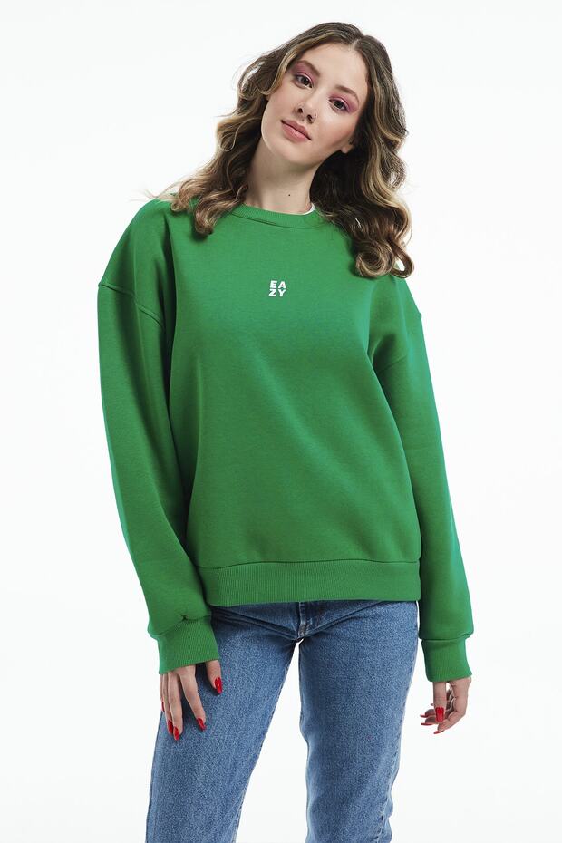 Eazy Basic Oversize Unisex Yeşil Bisiklet Yaka Kalın Sweatshirt - 3