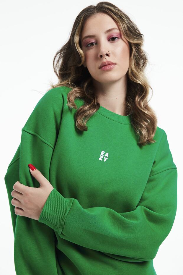 Eazy Basic Oversize Unisex Yeşil Bisiklet Yaka Kalın Sweatshirt - 4