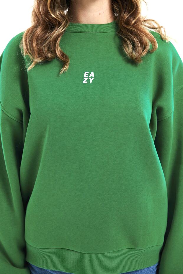 Eazy Basic Oversize Unisex Yeşil Bisiklet Yaka Kalın Sweatshirt - 5