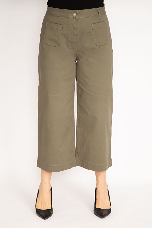 Women's Large Size Khaki Lycra Gabardine Fabric Front Pocket Trousers 65n35249