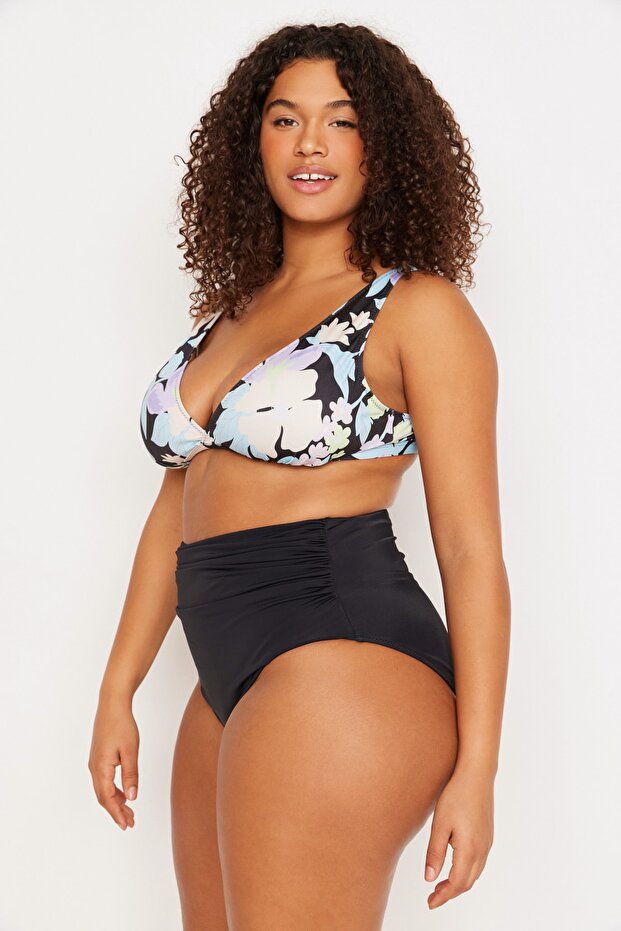 Siyah Yüksek Bel Korseli Büzgü Detaylı Toparlayıcı Büyük Beden Bikini Altı TBBSS23CR00001 - 2