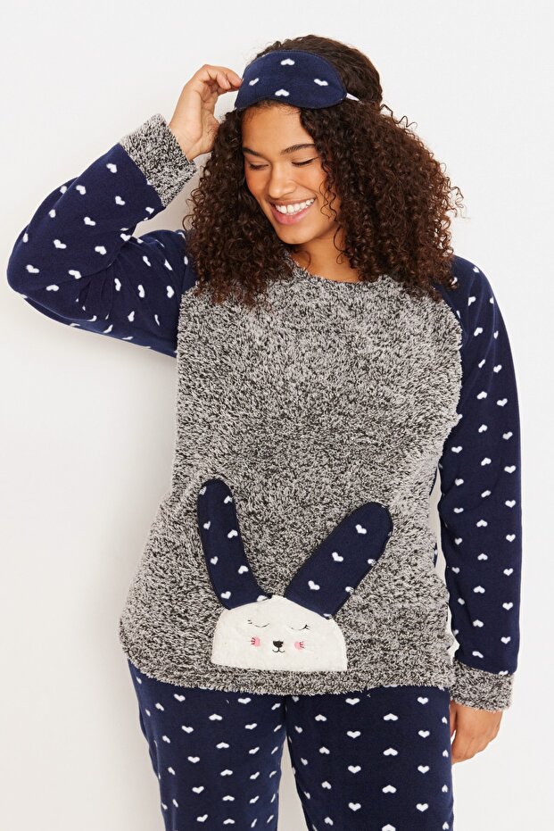 Granatowy niebieski komplet piżamowy z dzianiny polarowej w kształcie serca TBBAW23AI00025 - 2