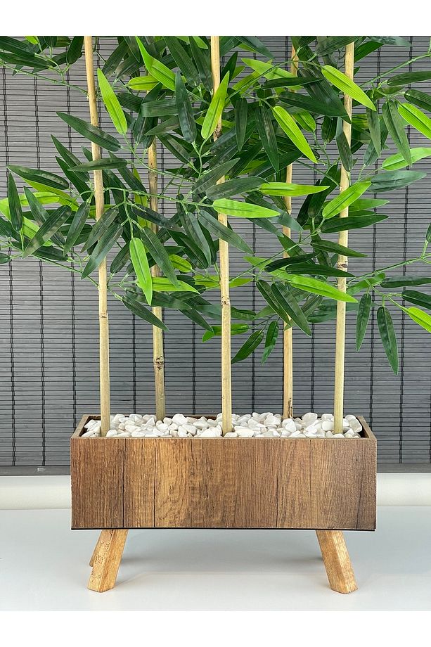 Ahşap Ayaklı 40cm Saksılı 5 Gövde 125cm Dikdörtgen Model Yapay Yapraklı Dekoratif Bambu Seperatör - 2