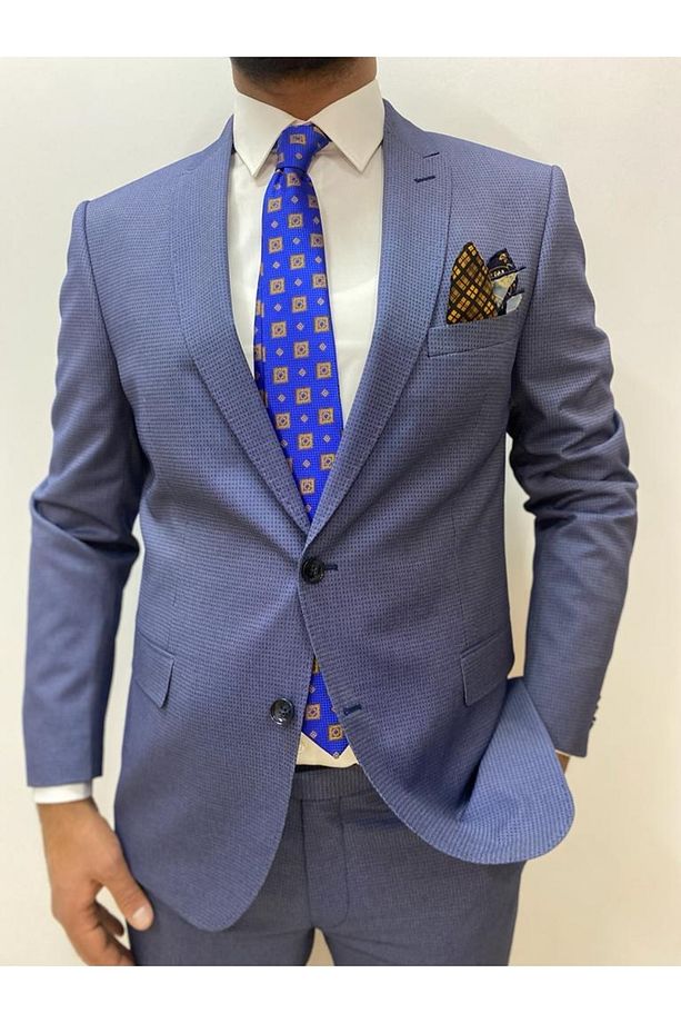 Interview Mavi Desenli Tek Yırtmac Slim Fit Takım Elbise - 2