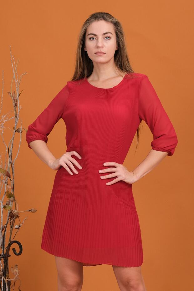 Piliseli Şifon Elbise - 1