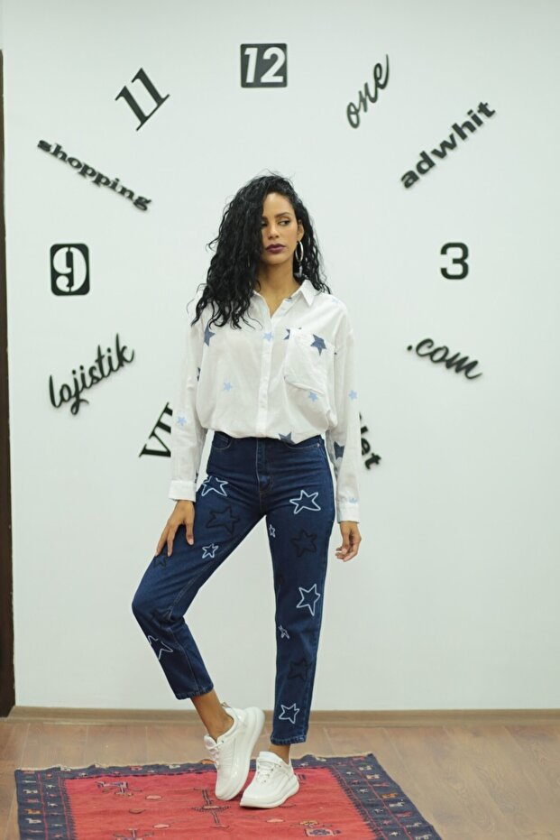 Women's Mom Fit Jeans Star Embroidered Trousers