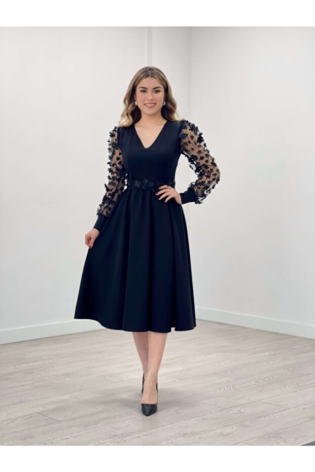 Double Fabric 3D Floral Sleeve Dress - Black