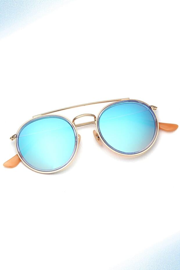 Women's Sunglasses Round Design Gold Frame Blue Mirrored Glass