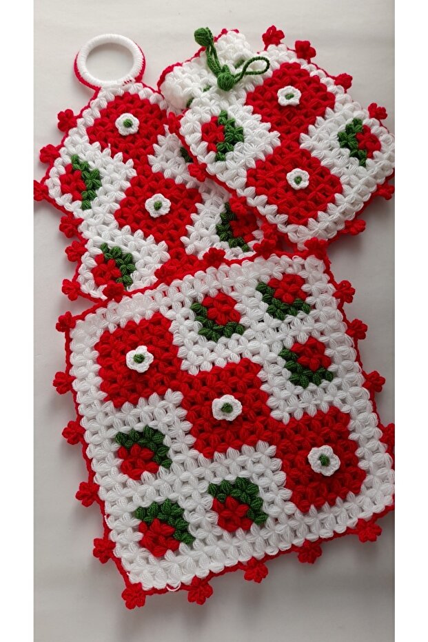 Hand Knitted Dowry Floral Pink Square Long Pouch 3-Piece Bathroom Washcloth Set
