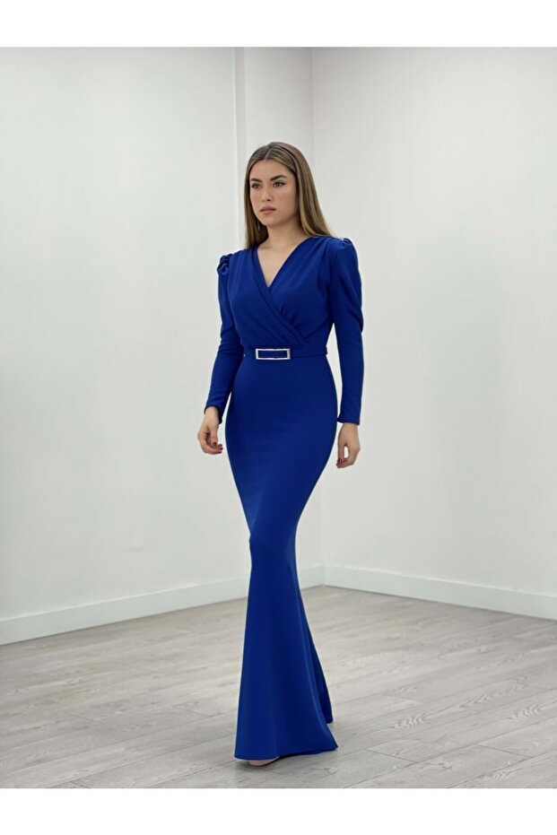 Crepe Fabric Double-breasted Collar Fish Dress - Cobalt Blue